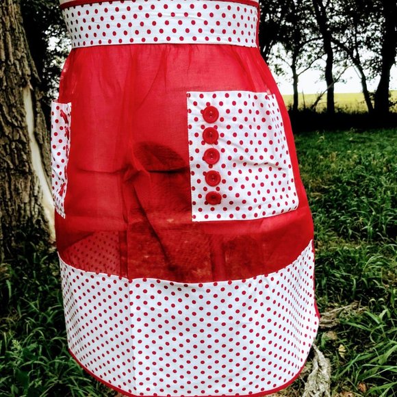 Vintage Half Apron Organdy Red Polka Dot - Picture 9 of 9